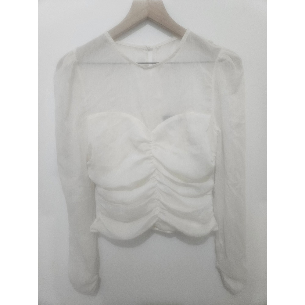 Lulus White Sheer Long Sleeve Ruched Sweetheart Bodice Puff Shoulder Top Small